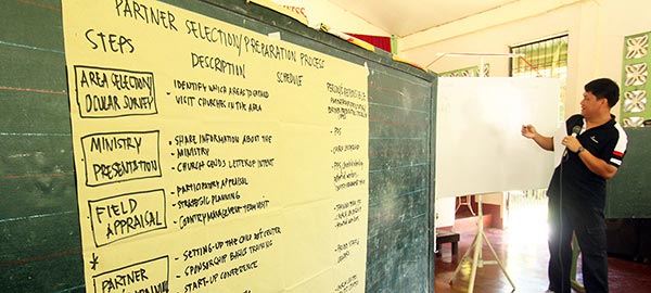 a man giving a presentation and looking at a blackboard