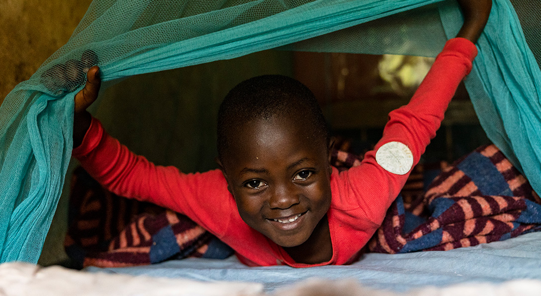 Child is on bed under mosquito net