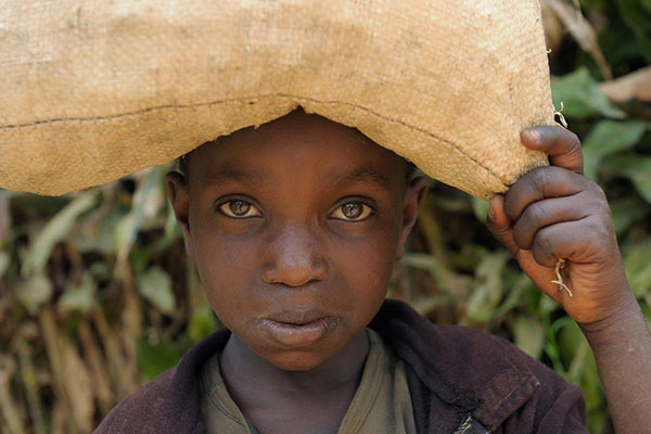 A boy carrying a bag on his head