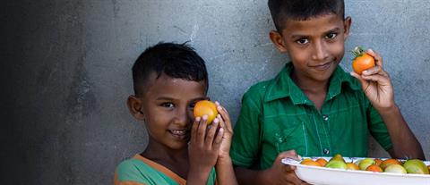 Two boys holding up small tomatoes