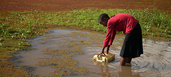 A woman in a red shirt bends at the waist to fill a jerry can with water from a pond