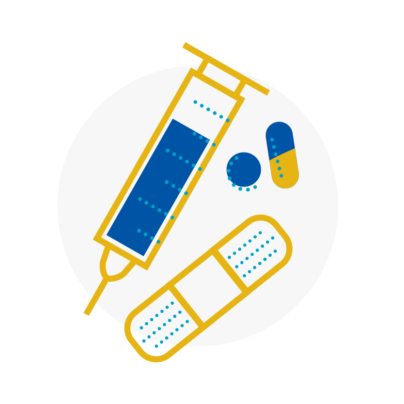 Blue and yellow icon of medical pills and equipment